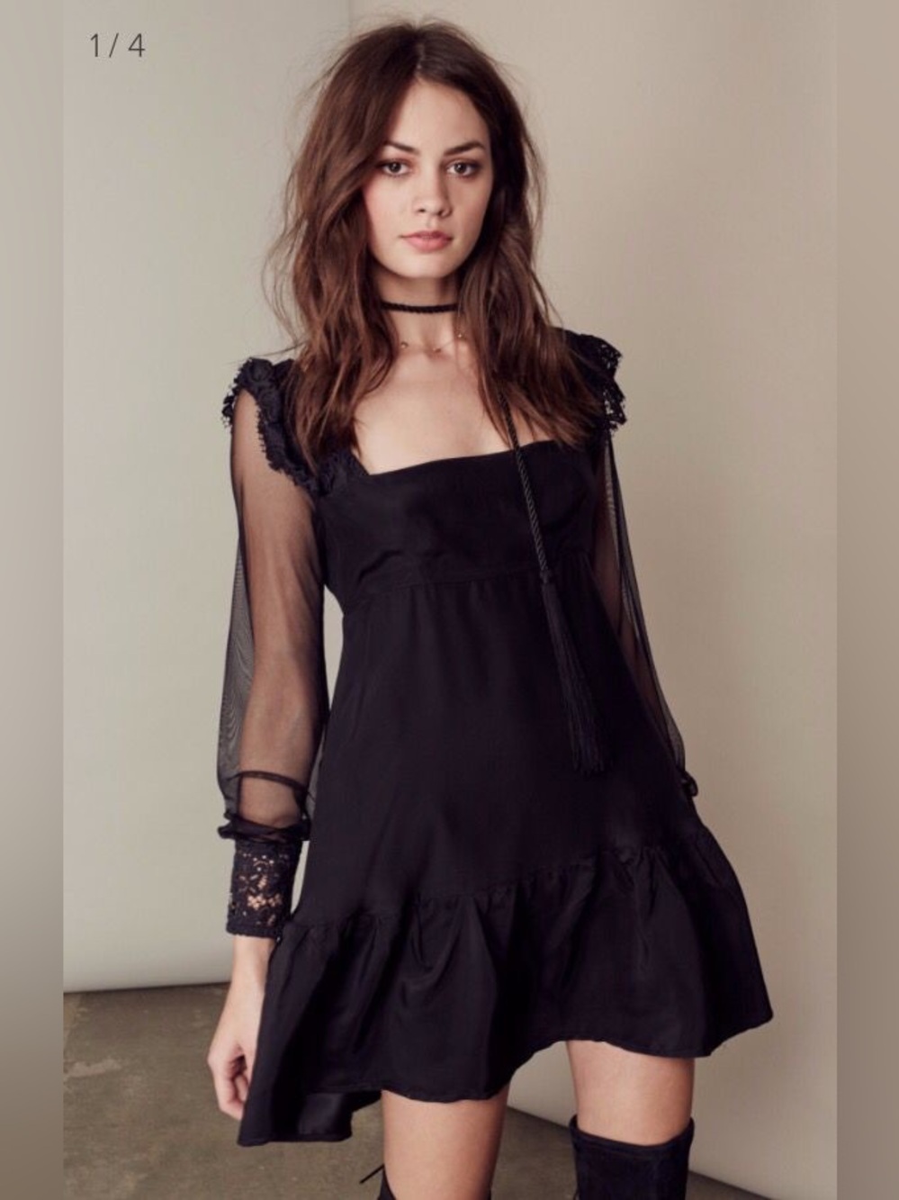 For Love & Lemons Kate Sheer Sleeve Mini Dress Small Black 100% Silk Seen on VPR